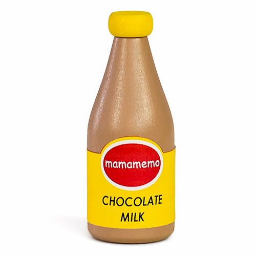 Mama memo houten speelgoedfles chocolademelk met geel etiket.