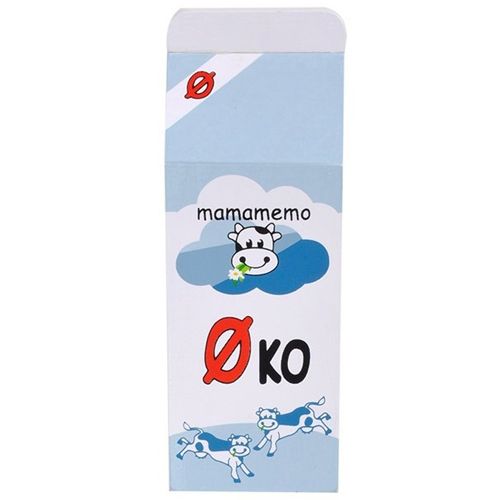 mama memo houten speelgoed melkpak met koeienillustratie en 'mamamemo' en 'ØKO' tekst.