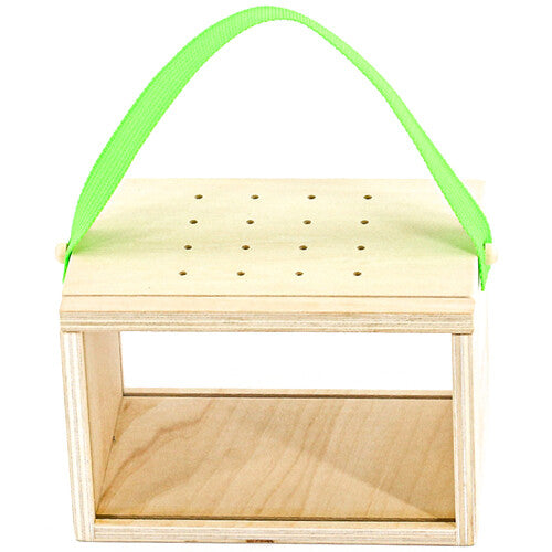 Houten insectendoos met transparante voorkant en groen handvat.