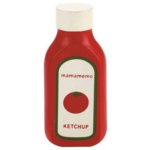 Mama memo houten speelgoed ketchupfles met label en tomaat-icoon.