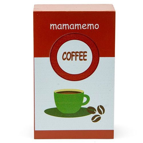 Mama memo houten speelgoed koffiepak met een afbeelding van een koffiekopje en bonen.