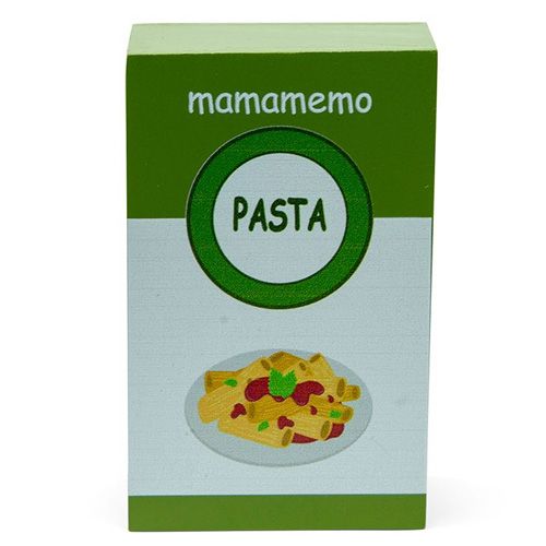 Mamamemo houten speelgoedpak pasta met groene opdruk en illustratie van pasta op een bord.