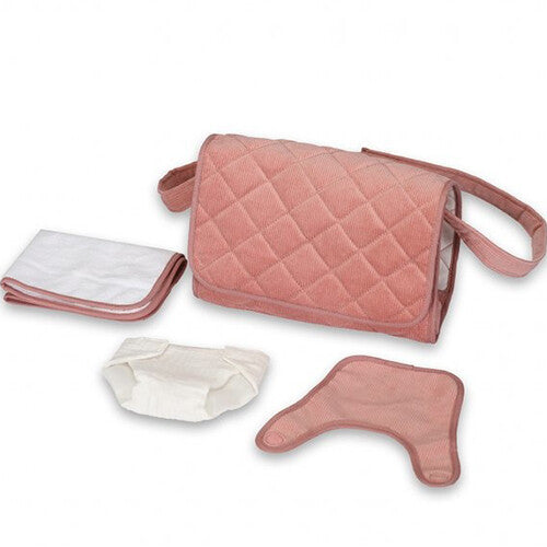 mama memo roze corduroy poppenluiertas met luiertje, doek en verschoonmatje.