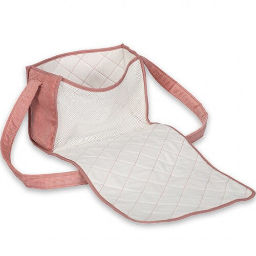 Open mama memo roze corduroy poppenluiertas met uitgevouwen verschoonmatje en gaas aan de binnenkant.