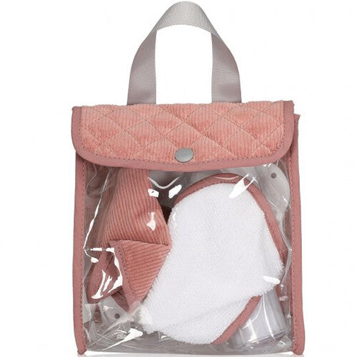 Mama memo poppenvoedingsset in een roze corduroy tas met doorzichtig voorvak en inhoud.