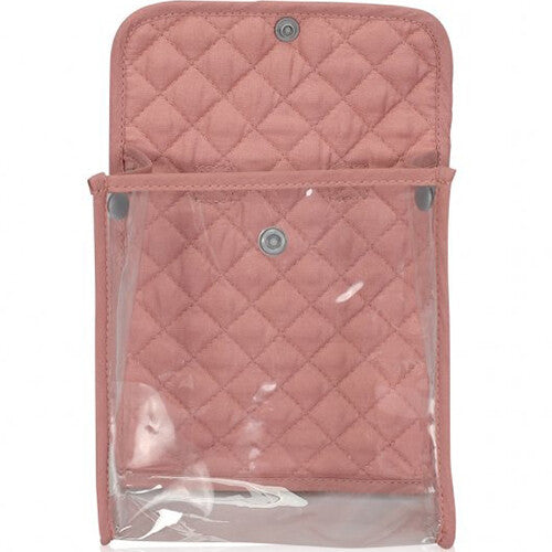 Open roze corduroy tas van de mama memo poppenvoedingsset met leeg doorzichtig voorvak.