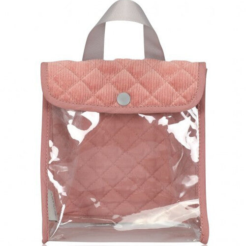 Gesloten roze corduroy tas van de mama memo poppenvoedingsset met leeg doorzichtig voorvak.