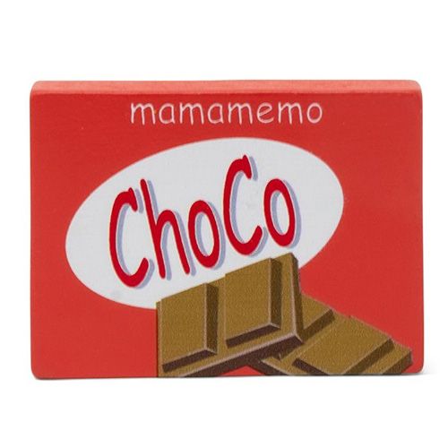 Mama memo speelgoed chocoladereep met rode verpakking en 'Choco' tekst.