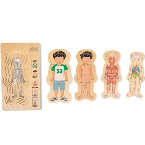 De mama memo houten puzzel van een jongen, met de puzzelplank en de vijf lagen van het menselijk lichaam los ernaast.