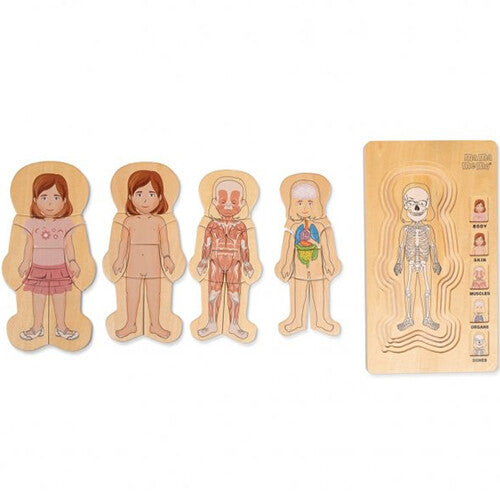 Mama memo houten puzzel van het menselijk lichaam met een meisje, met de vier lagen en de puzzelplank ernaast.