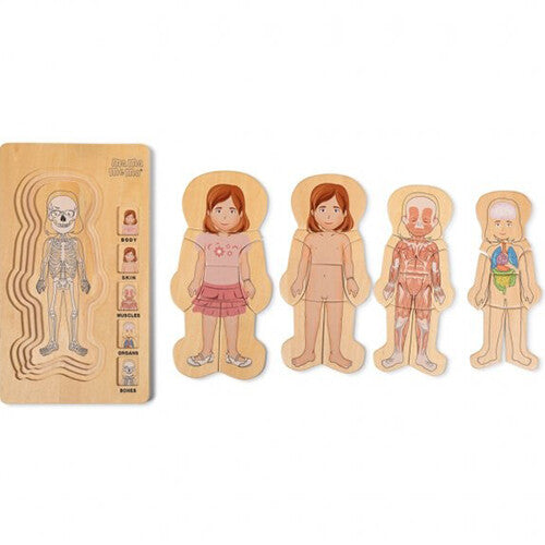 Mama memo houten puzzel van het menselijk lichaam met een meisje, met de puzzelplank en de vier lagen ernaast.
