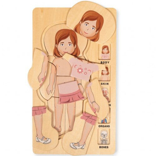 Mama memo houten puzzel van het menselijk lichaam met een meisje, deels uit elkaar gehaald om de lagen te tonen.