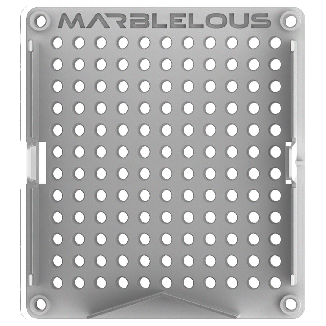 Marbelous grijs knikkerbaanelement decision maker met een patroon van ronde gaten en het merklogo.
