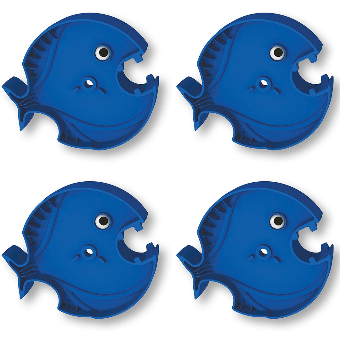 Vier blauwe marblelous knikkerbaanelementen in de vorm van piranha's.
