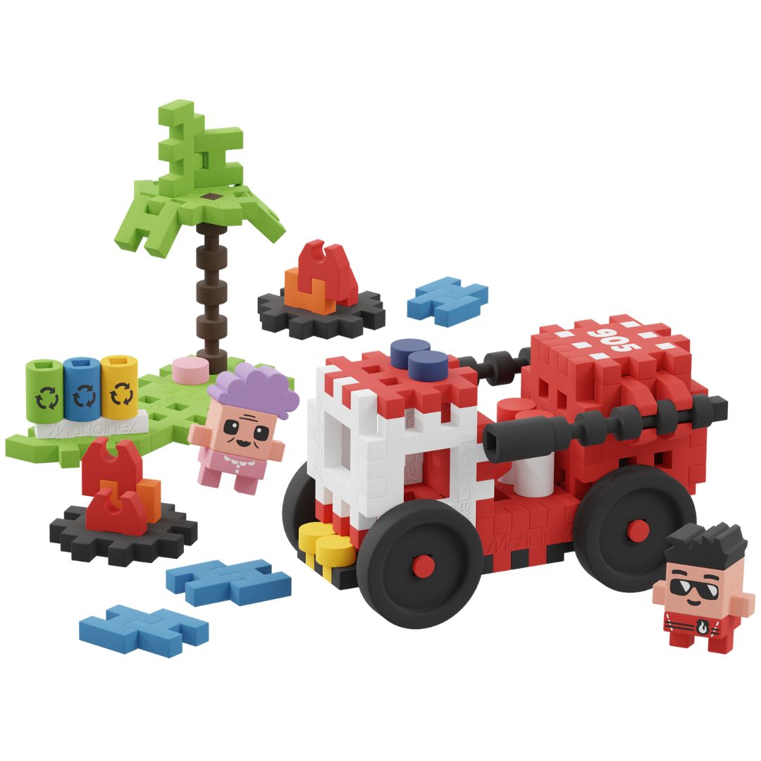 Marioinex Mini Waffle City bouwset met een brandweerwagen, twee figuren, een palmboom en kampvuren.