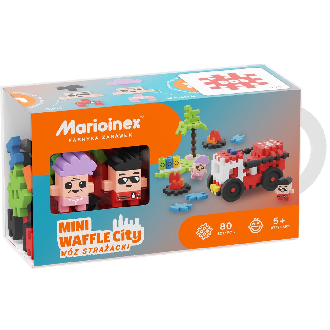 De verpakking van de Marioinex Mini Waffle City brandweerwagen bouwset.