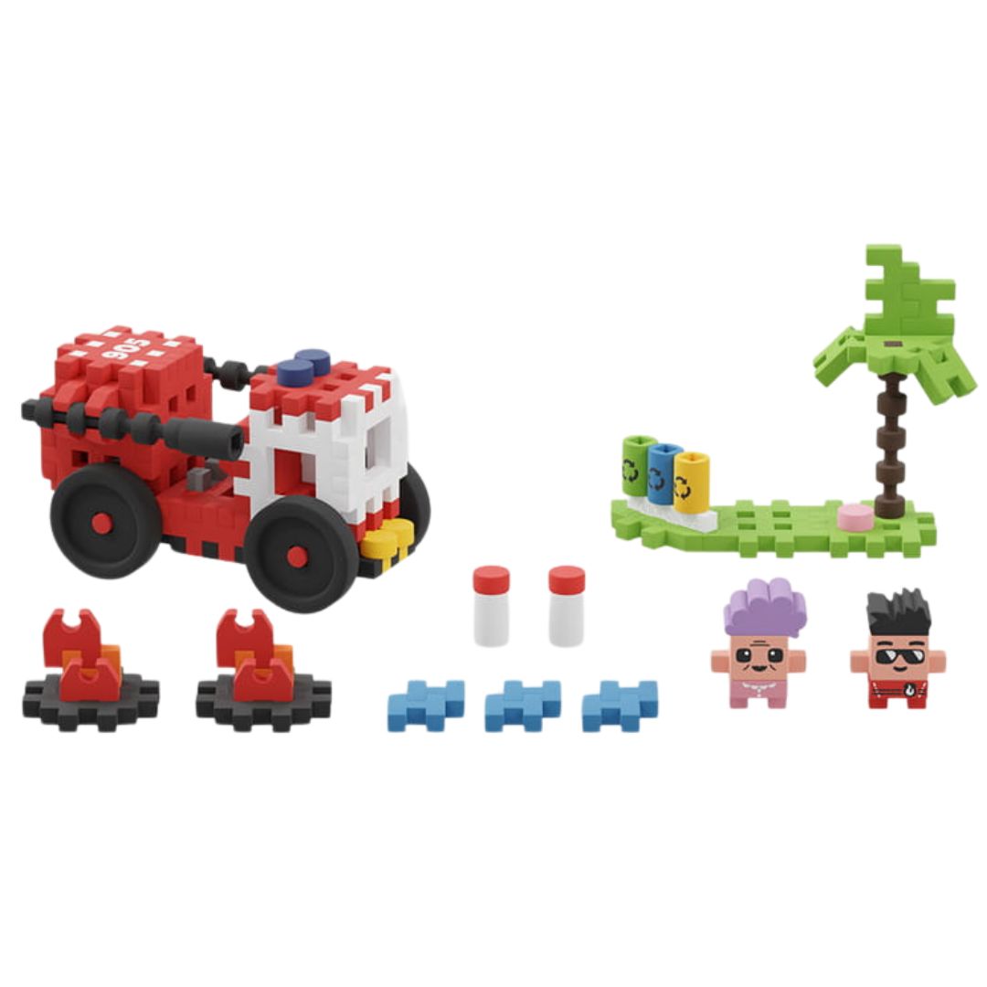 Alle losse onderdelen van de Marioinex Mini Waffle City brandweerwagen bouwset, inclusief de wagen, figuren en accessoires.
