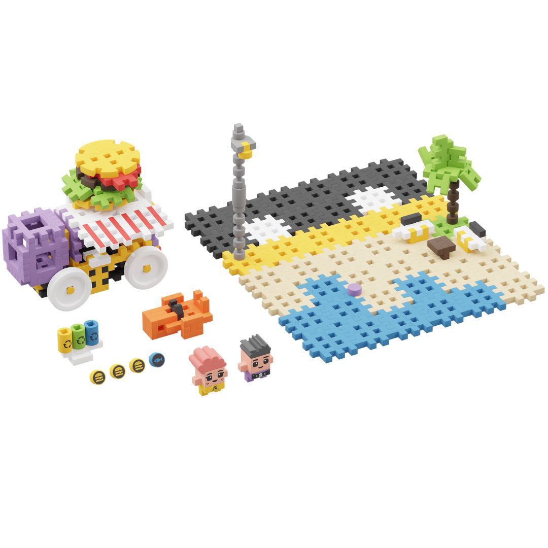 Marioinex bouwblokken set met een food truck, twee figuren en een strandlandschap.
