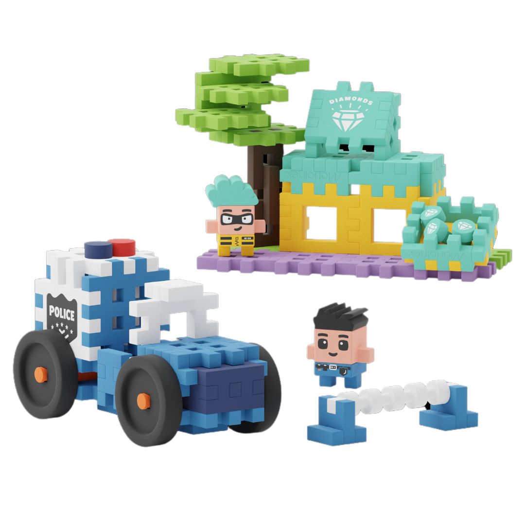 Marioinex bouwblokken set met een politieauto, twee figuren en een gebouw met boom en diamanten.