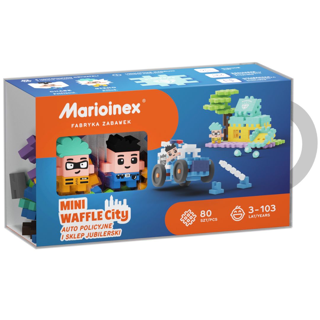 De verpakking van de Marioinex Mini Waffle City bouwblokken set met politieauto en juwelierszaak.