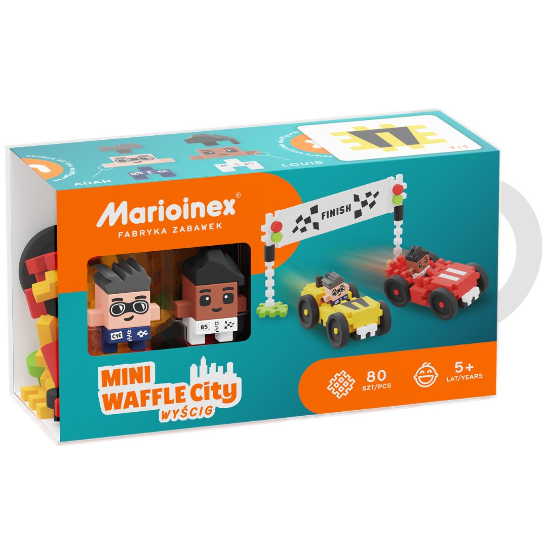 De verpakking van de Marioinex Mini Waffle City race bouwblokken set.