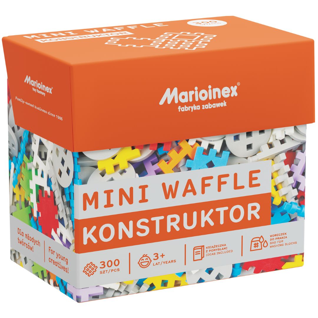 De verpakking van de Marioinex Mini Waffle Konstruktor set met 300 kleurrijke bouwblokken.