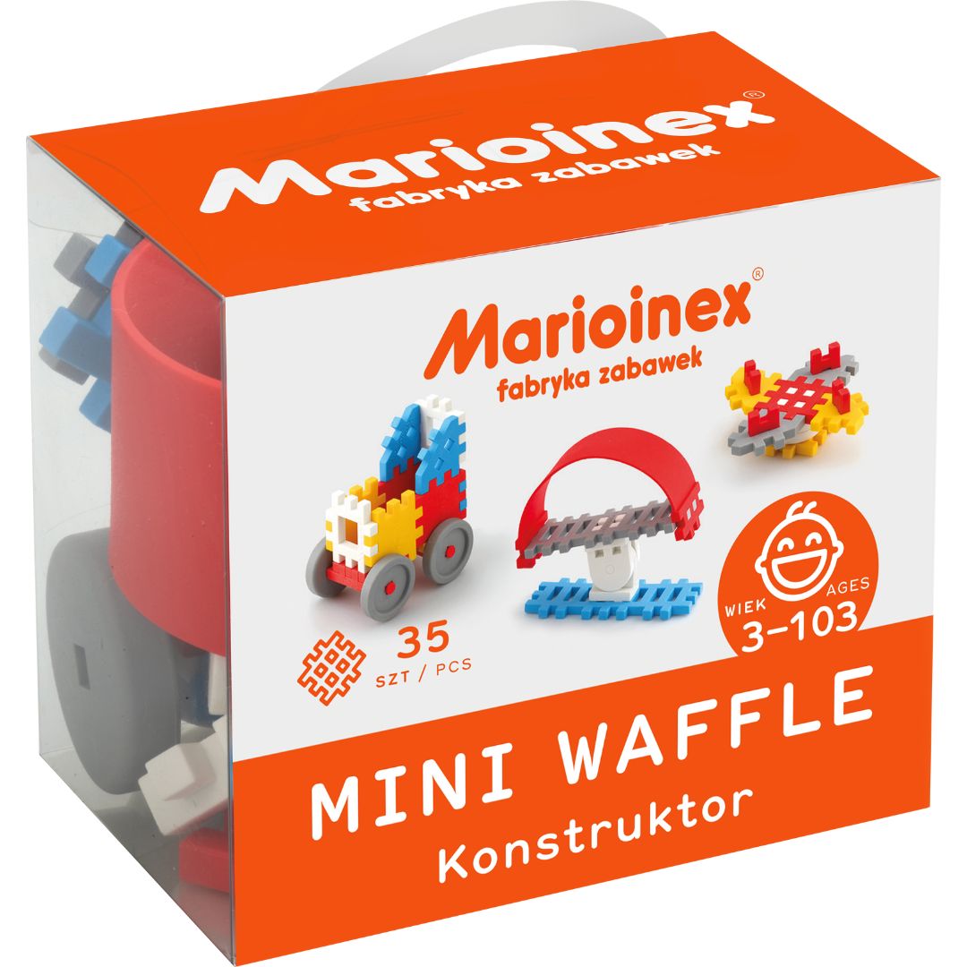 De verpakking van de Marioinex Mini Waffle bouwblokken set met 35 onderdelen.