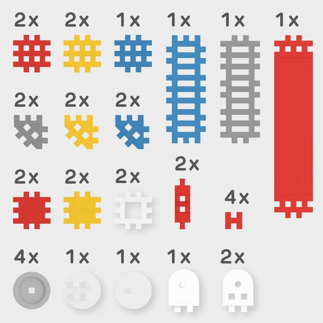 Infographic met een overzicht van alle verschillende Marioinex Mini Waffle bouwblokken en hun aantallen in de set.