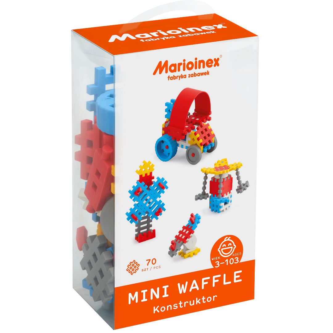De verpakking van de Marioinex Mini Waffle Konstruktor bouwblokken set met 70 onderdelen.