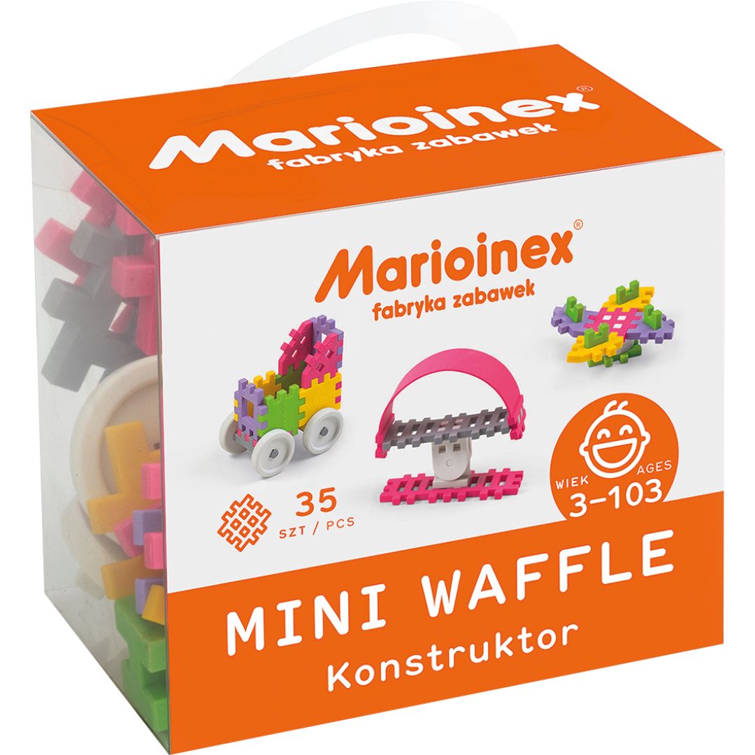De verpakking van de Marioinex Mini Waffle Constructor met voorbeelden van bouwwerken.