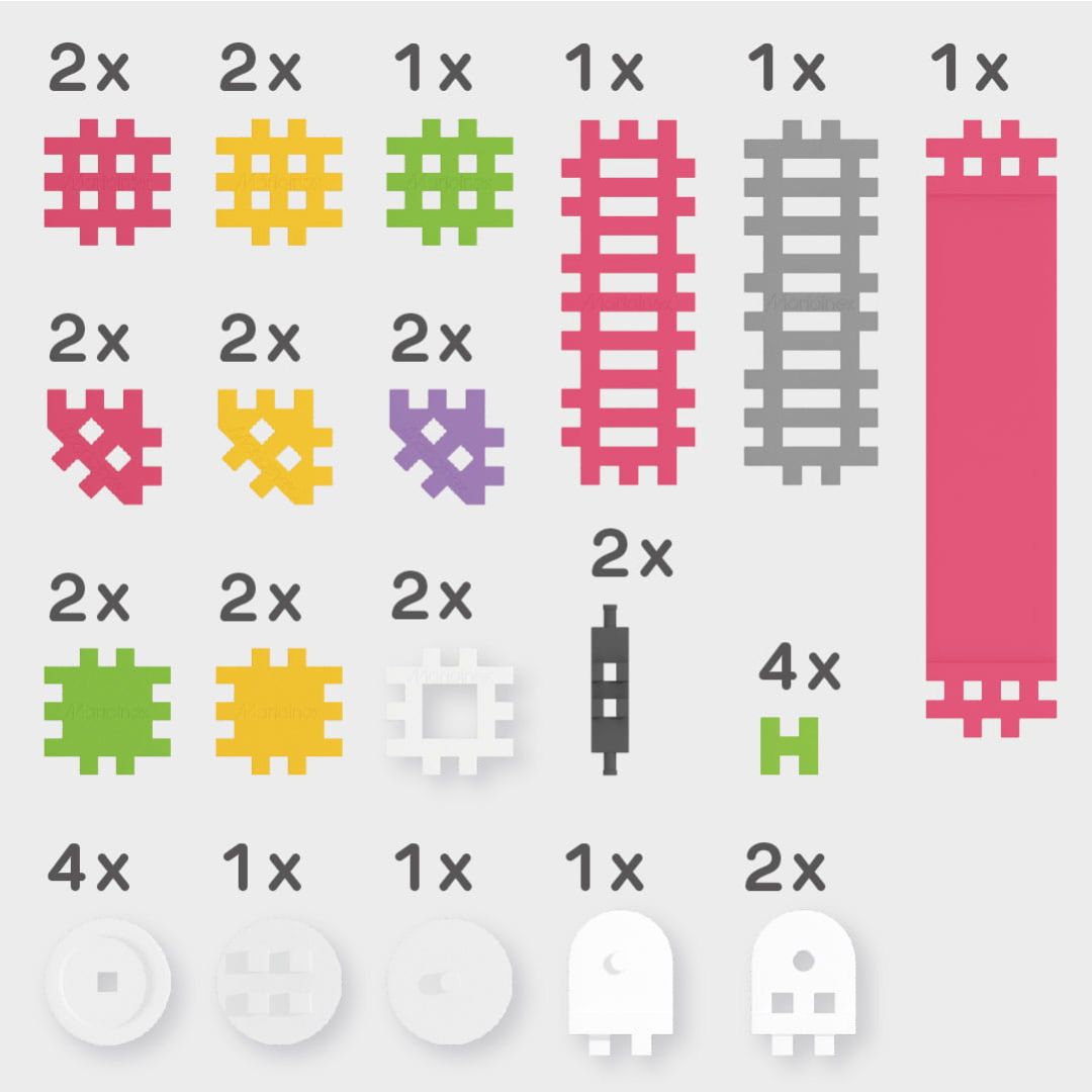 Een infographic met een overzicht van de verschillende soorten en aantallen kleurrijke wafelbouwblokken.