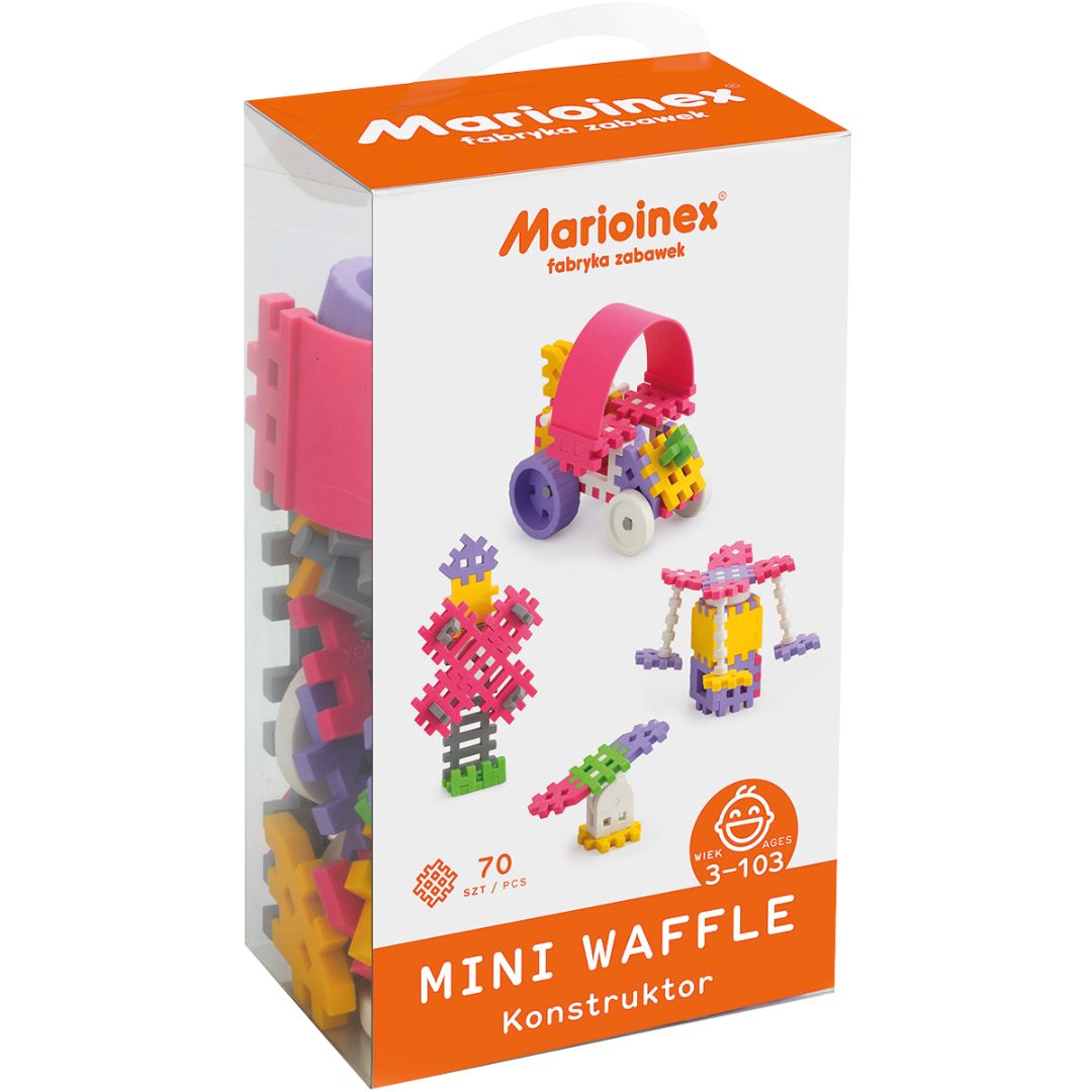 De verpakking van de Marioinex Mini Waffle Konstruktor, met voorbeelden van gebouwde figuren.