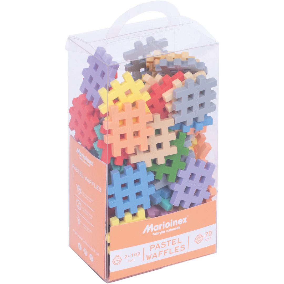 Verpakking van Marioinex mini waffle bouwblokken in pastelkleuren.