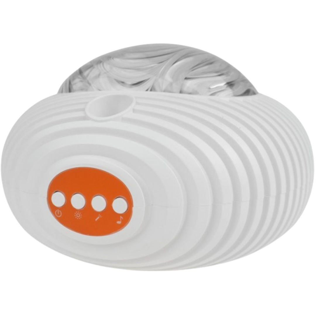 Witte mary's lichtprojector met oranje bedieningspaneel en transparante koepel.