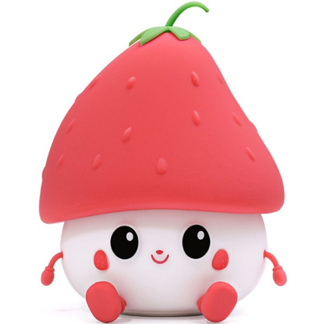 Mary's aardbei nachtlampje met een rood kapje en een vrolijk gezichtje.