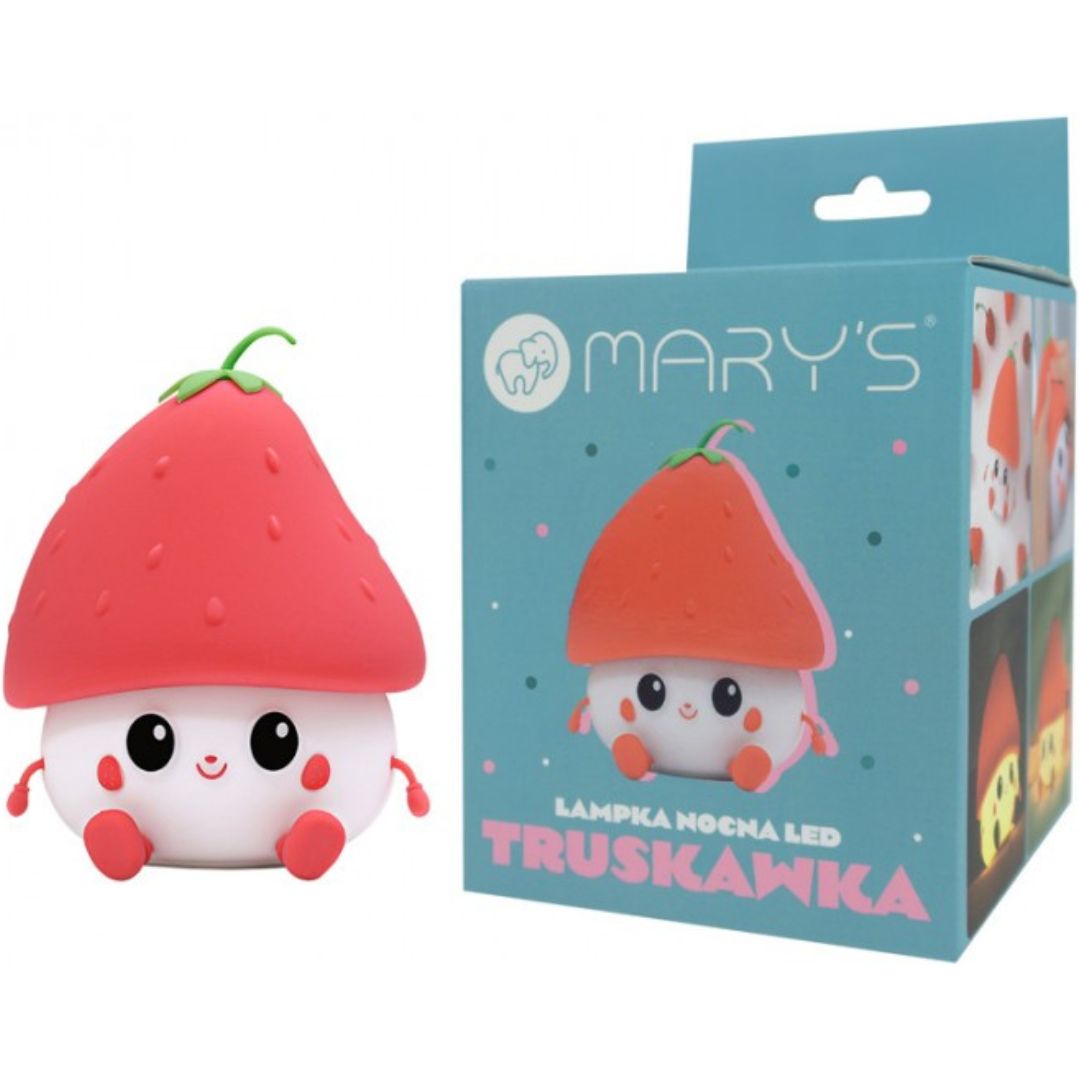 Mary's aardbei nachtlampje naast de lichtblauwe verpakking met merklogo.