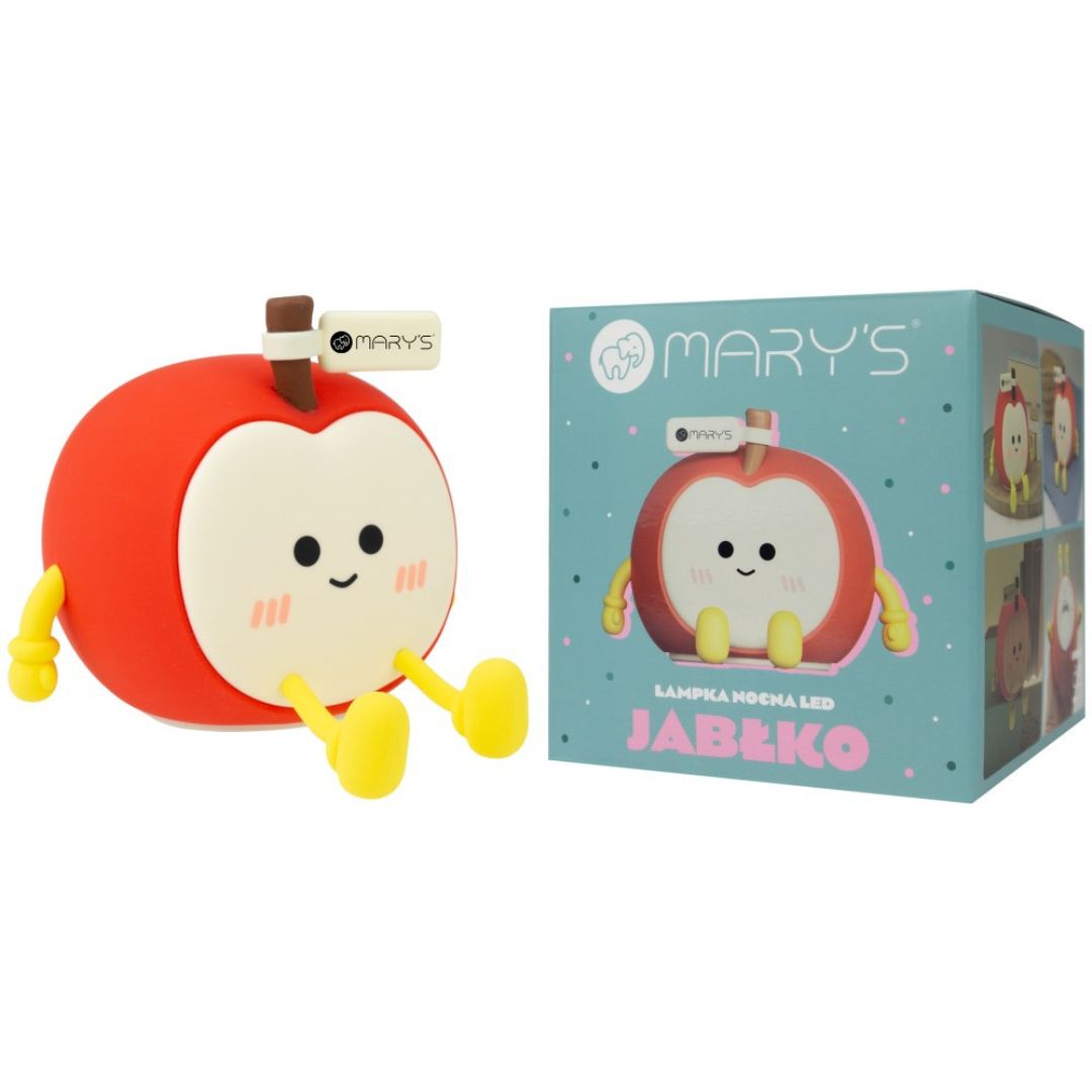 Mary's nachtlampje in de vorm van een rode appel naast de productverpakking.
