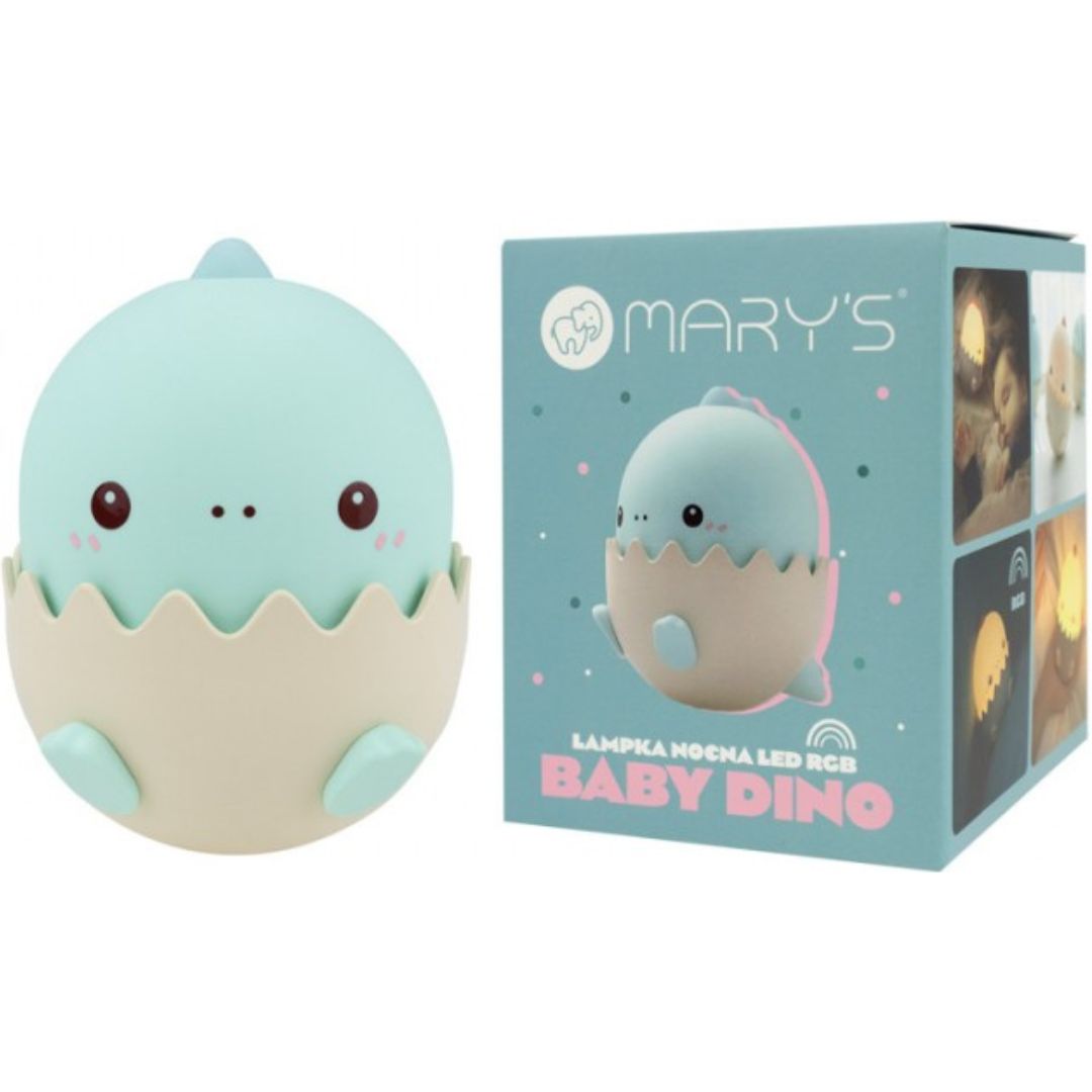 Mary's blauw baby dino nachtlampje naast de productverpakking.