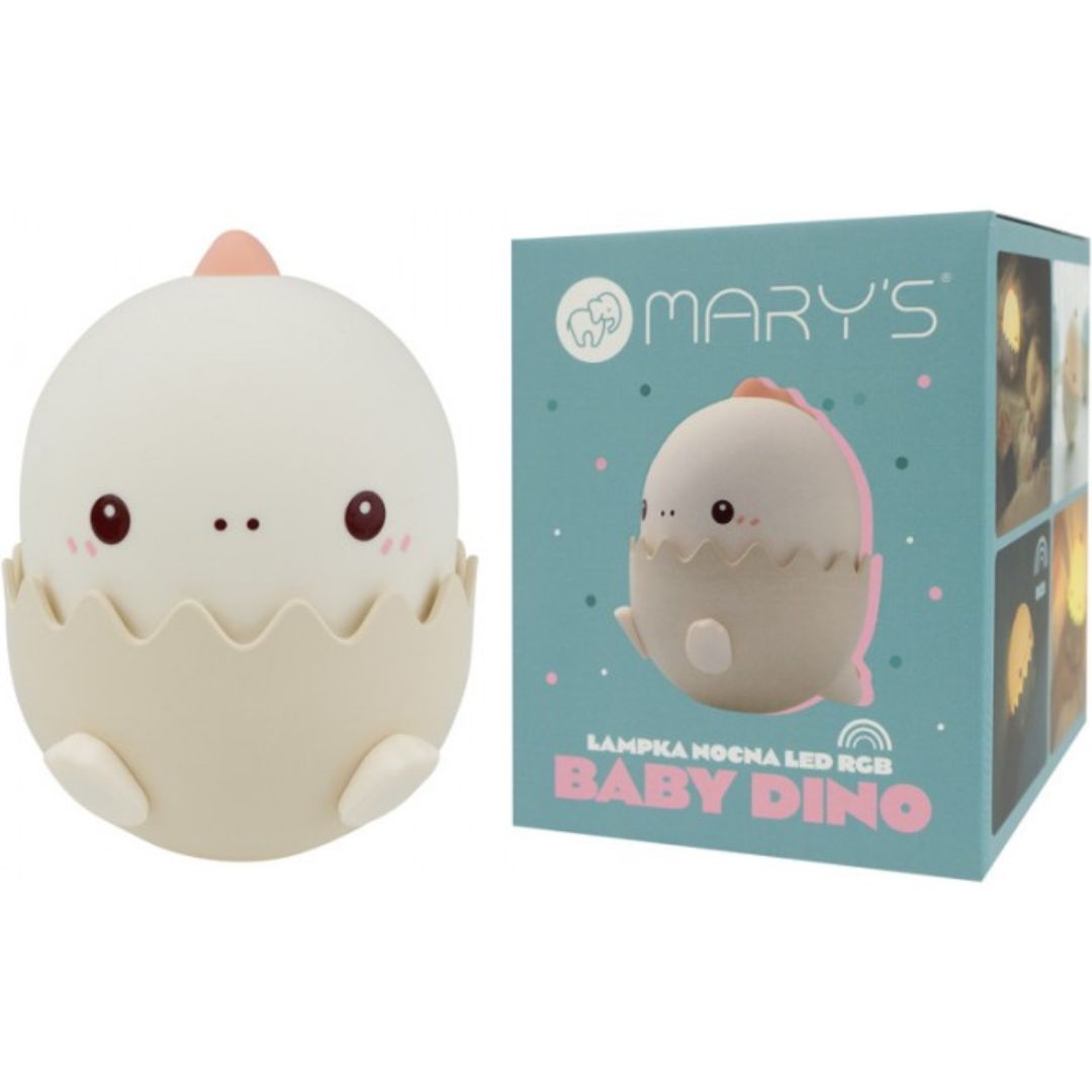 mary's baby dino nachtlampje met de productverpakking.