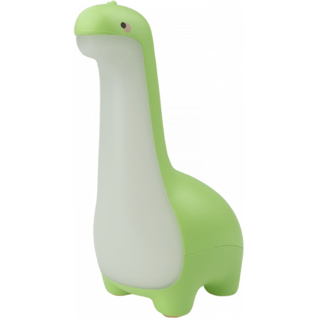 Mary's groene dinosaurus nachtlampje staat rechtop.