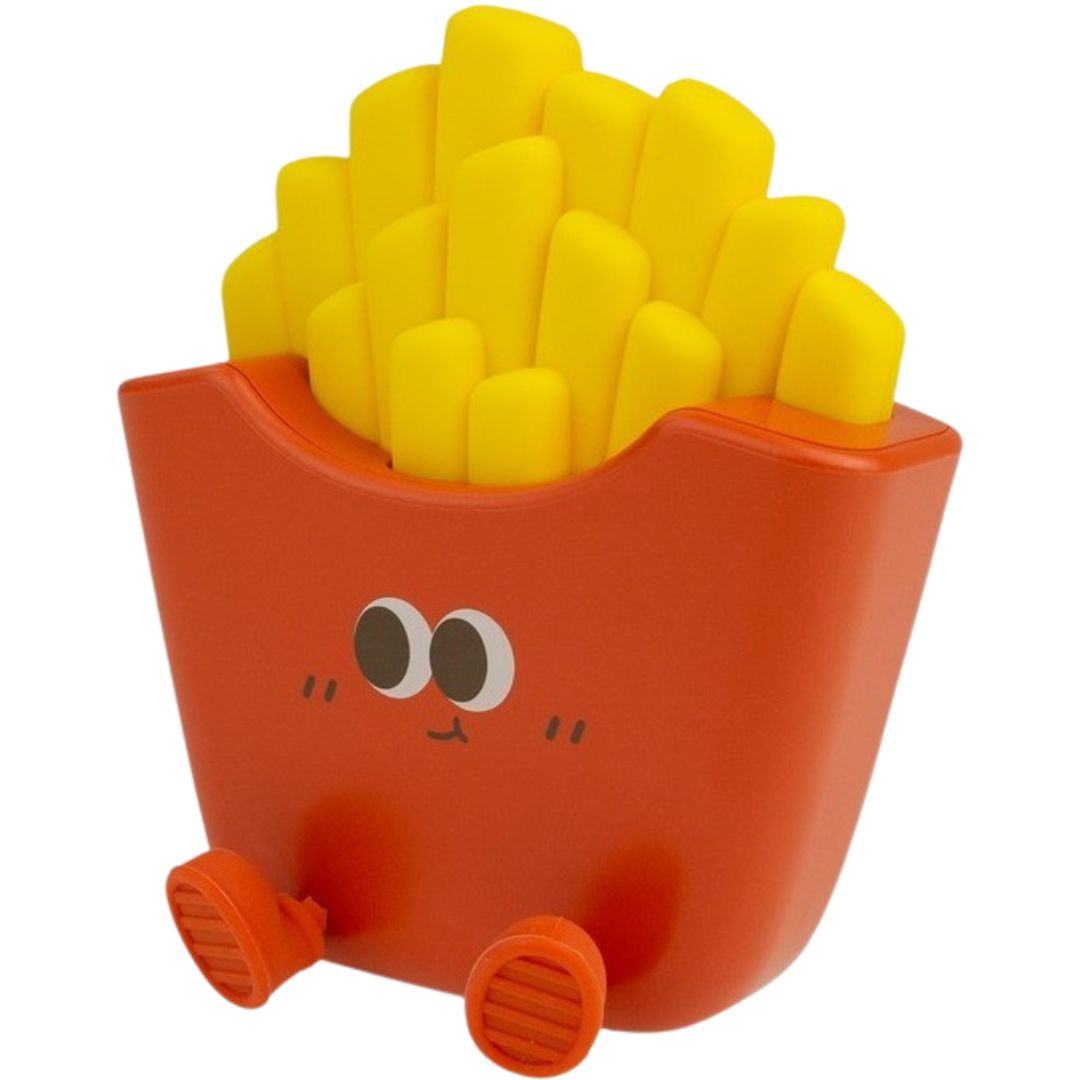 mary's nachtlampje in de vorm van een rode frietbak met gele frietjes en een vrolijk gezichtje.
