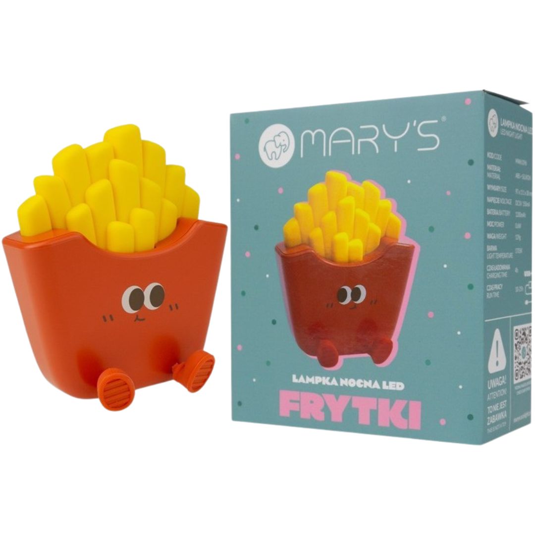 mary's friet nachtlampje naast de lichtblauwe verpakking met merknaam en productinformatie.