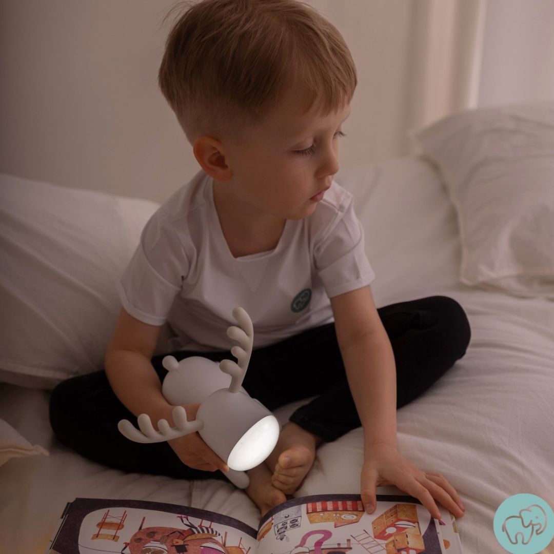 Een jongen leest een boek in bed met het Mary's witte hert nachtlampje naast zich.
