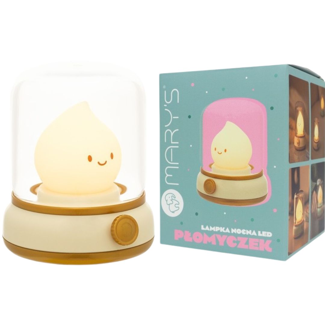 De verpakking van het mary's nachtlampje met een geel vlammetje-figuur, naast het product zelf.