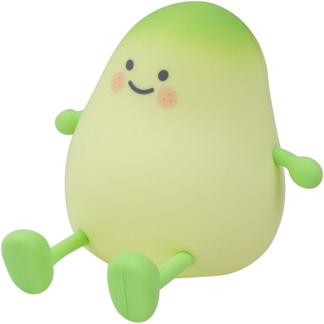Mary's mango nachtlampje, een groen figuur met een lachend gezicht en kleine armen en benen.