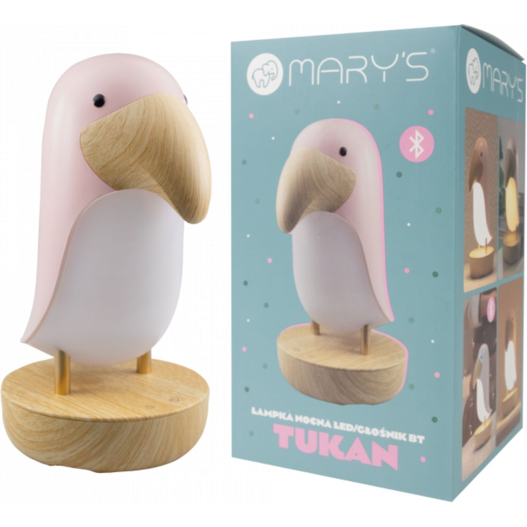 mary's roze toekan nachtlampje naast de productverpakking.