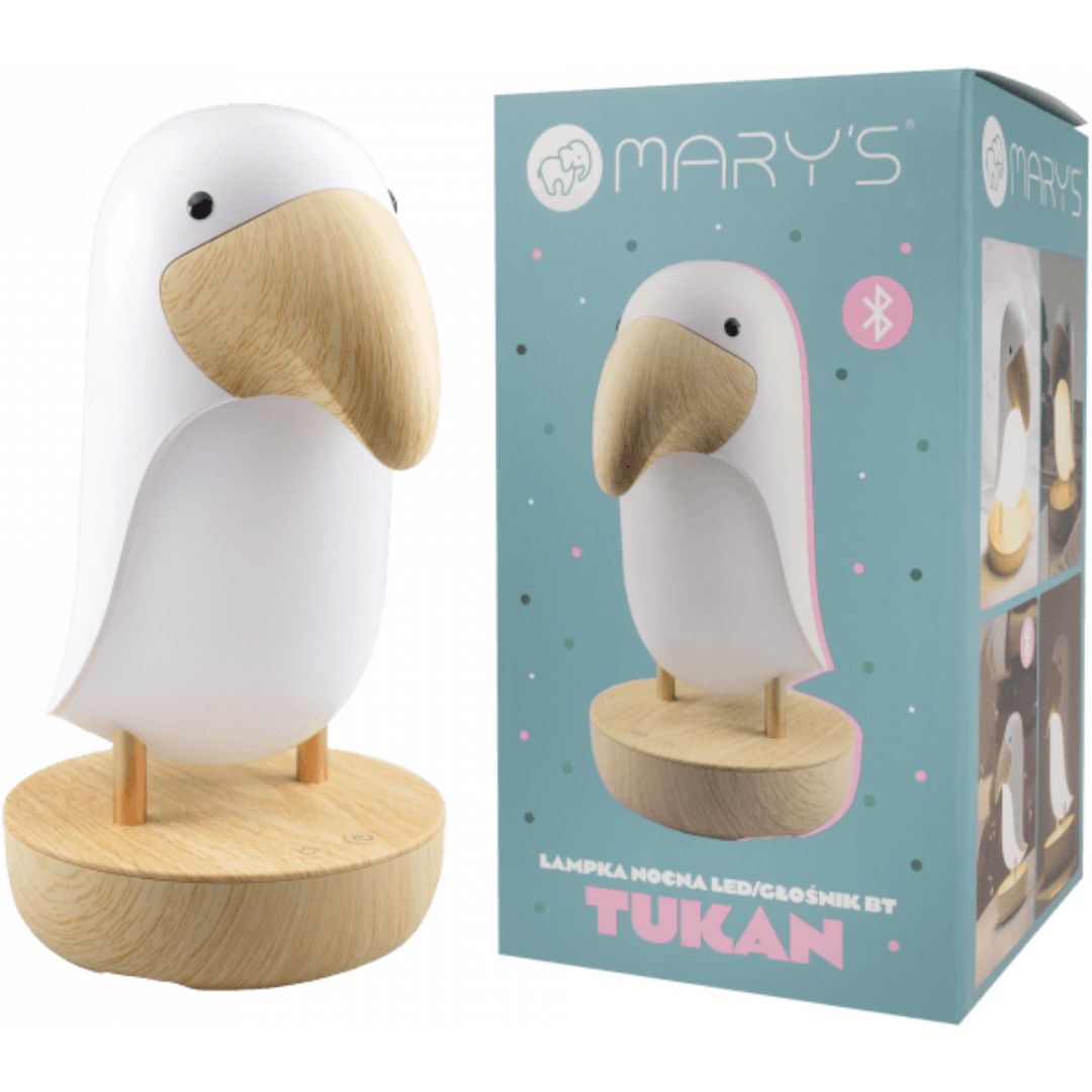 Mary's witte toekan nachtlampje naast de productverpakking.