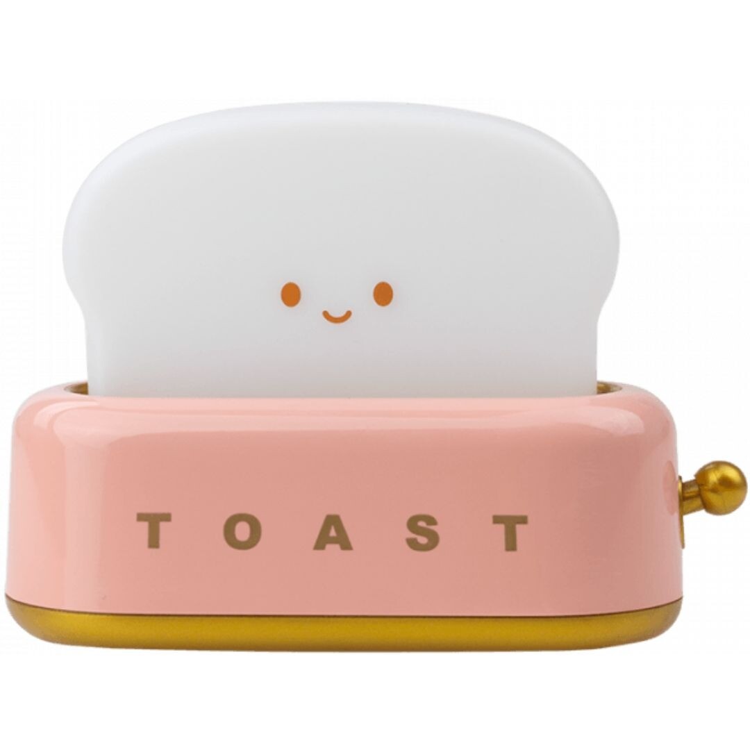 Mary's roze toaster nachtlampje met een wit oplichtend toastfiguur met gezichtje.
