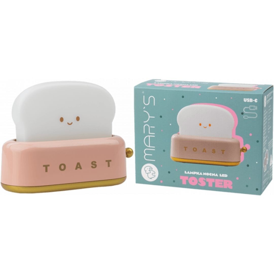Mary's roze toaster nachtlampje naast de productverpakking.