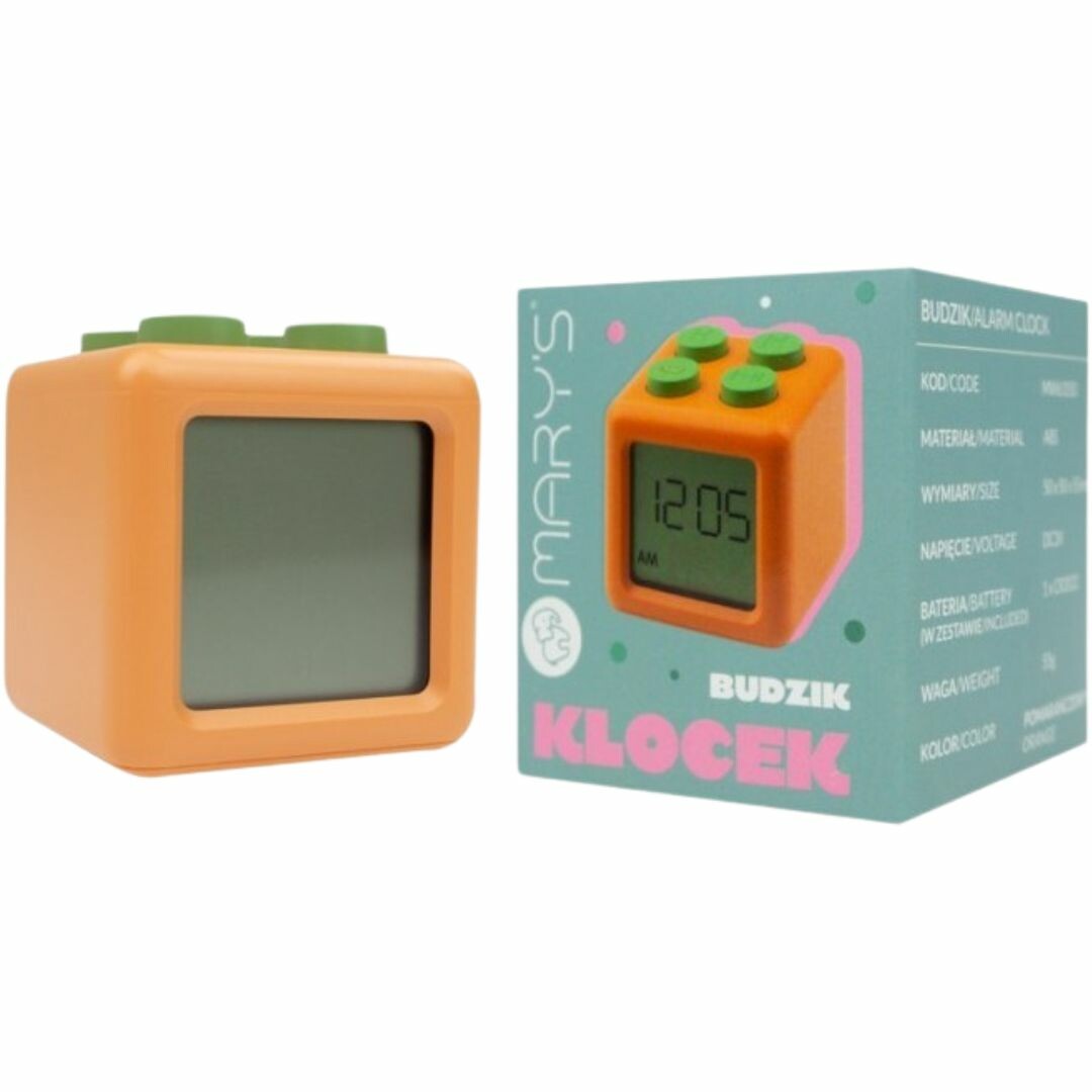 mary's oranje kubuswekker naast de productverpakking.